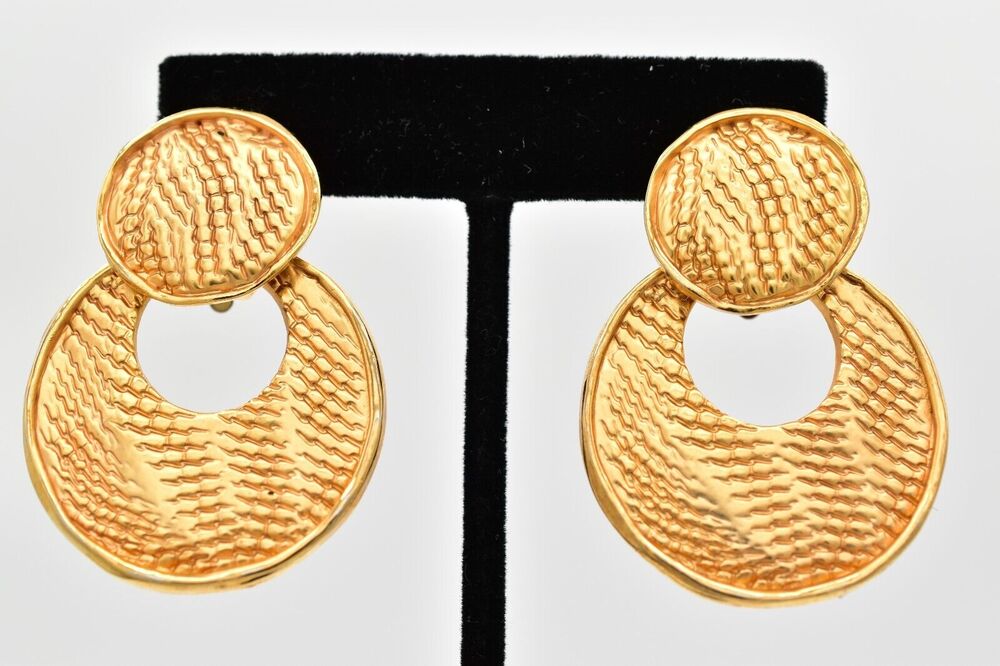Vintage Door Knocker Clip On Earrings Brushed Gold Textured Chunky 1980s BinBB